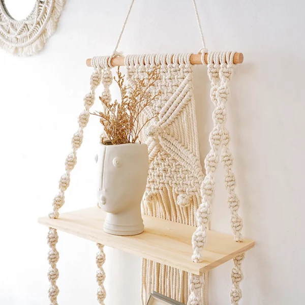 Two Tier Macrame Wall Hanging Floating Shelf - Image 2