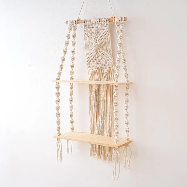 Two Tier Macrame Wall Hanging Floating Shelf - Image 3