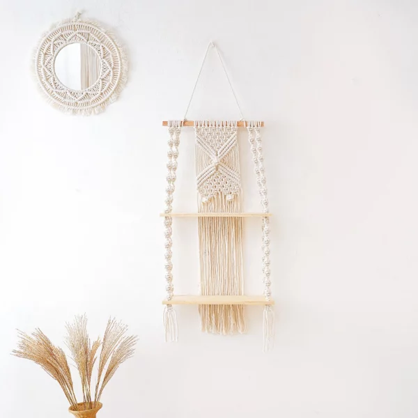 Two Tier Macrame Wall Hanging Floating Shelf - Image 4