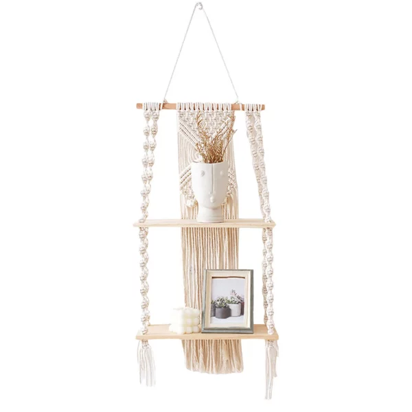 Two Tier Macrame Wall Hanging Floating Shelf - Image 5