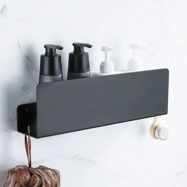 Black Bathroom Organizer Shelf With Hooks - Image 2