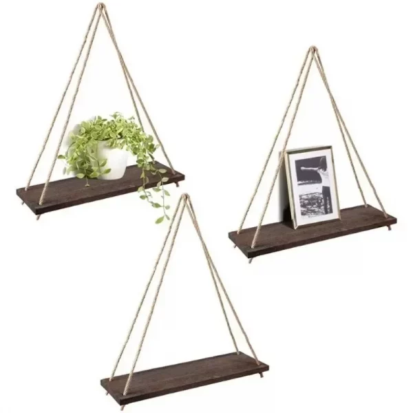 Wooden Rope Swing Wall Hanging Plant Flower Pot - Image 4